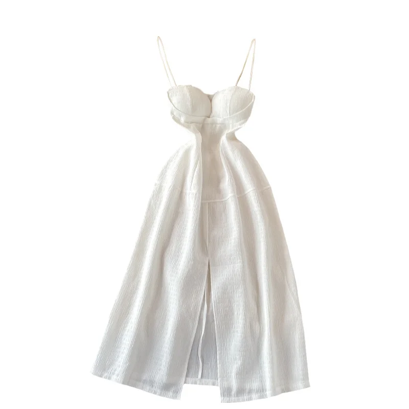 

Summer New French Hepburn Waist Slim Split Dress Sexy Strapless Spaghetti Strap Dress Girls Backless White Slip Dress