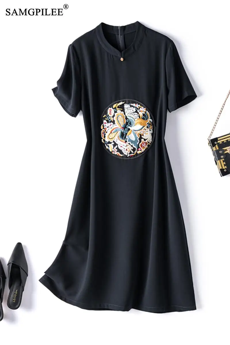 

Summer Clothes For Women 2021 Fashion Ethnic Style Stand Collar Buckle Embroidery Slim Knee Length Slim Plus Size Dresses Woman