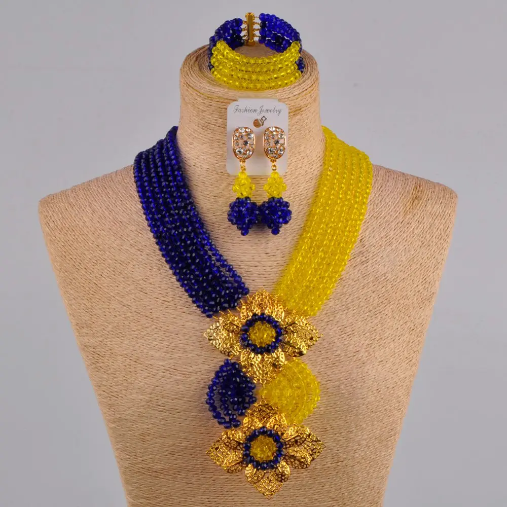 

Royal Blue Yellow Fashion Nigerian Beaded Jewelry Set African Wedding Beads Crystal Necklaces 6CHL