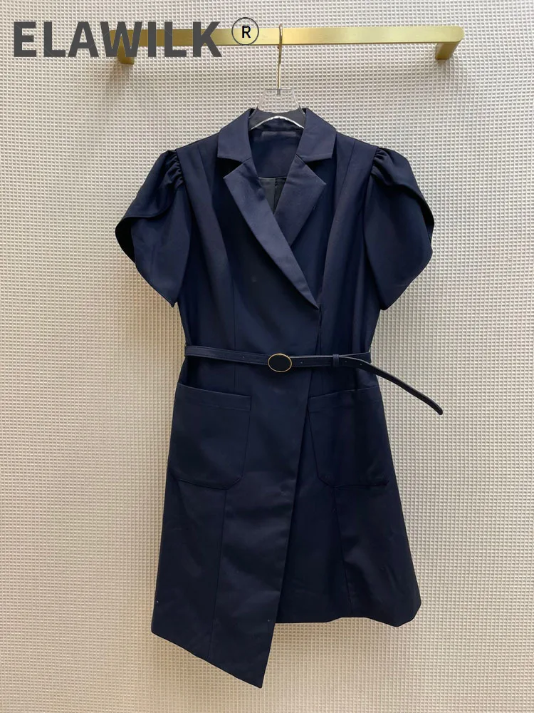 

Женское мини-платье с высокой талией, темно-синее облегающее платье с 3D вырезом, отложным воротником и коротким рукавом, осень 2021