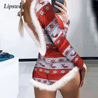 women sexy patchwork fuzzy feather bodycon fashion christmas print romper pajamas homewear ladies backless party jumpsuit spring