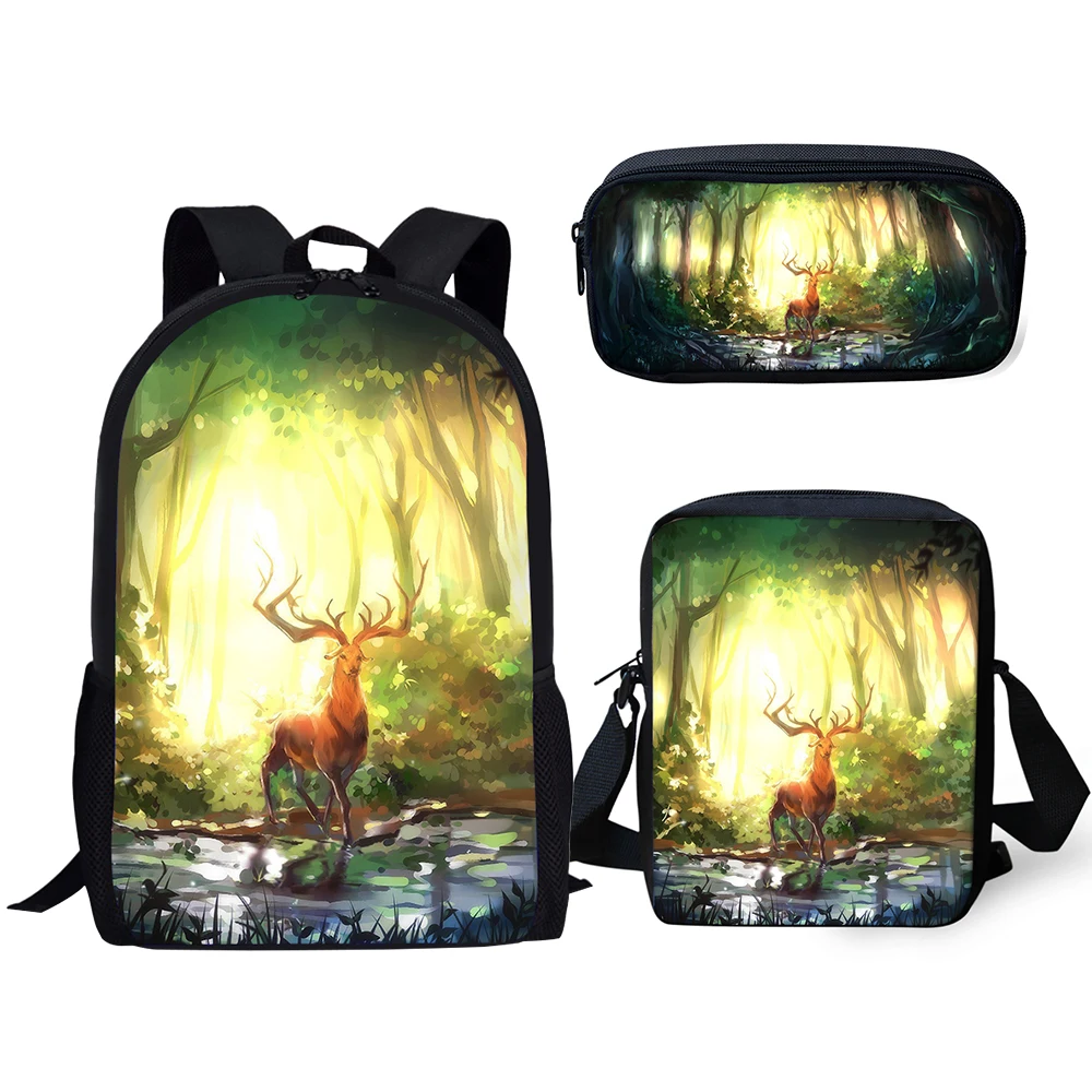 HaoYun Children 3PCs Set Backpack Fantasy Deer Pattern School Bags Cartoon Animal Painting Students Backpack/Flaps Bags/Pen Bags