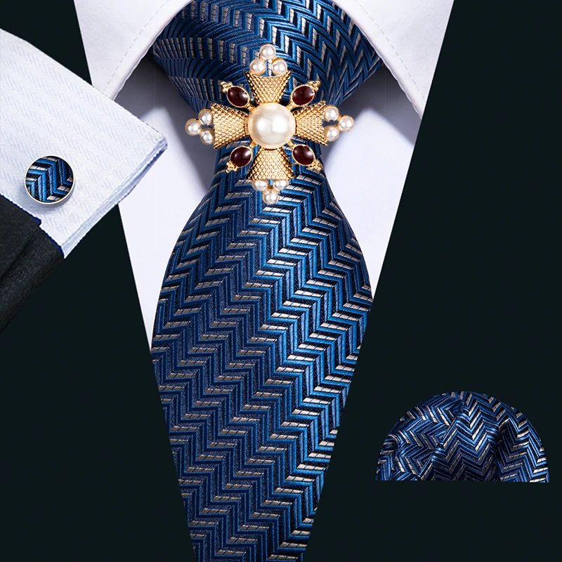 

Barry.Wang New Arrival Bussiness Men's Tie Jacquard Blue White Striped Silk Necktie Hanky Cufflinks Brooch Set For Wedding Party