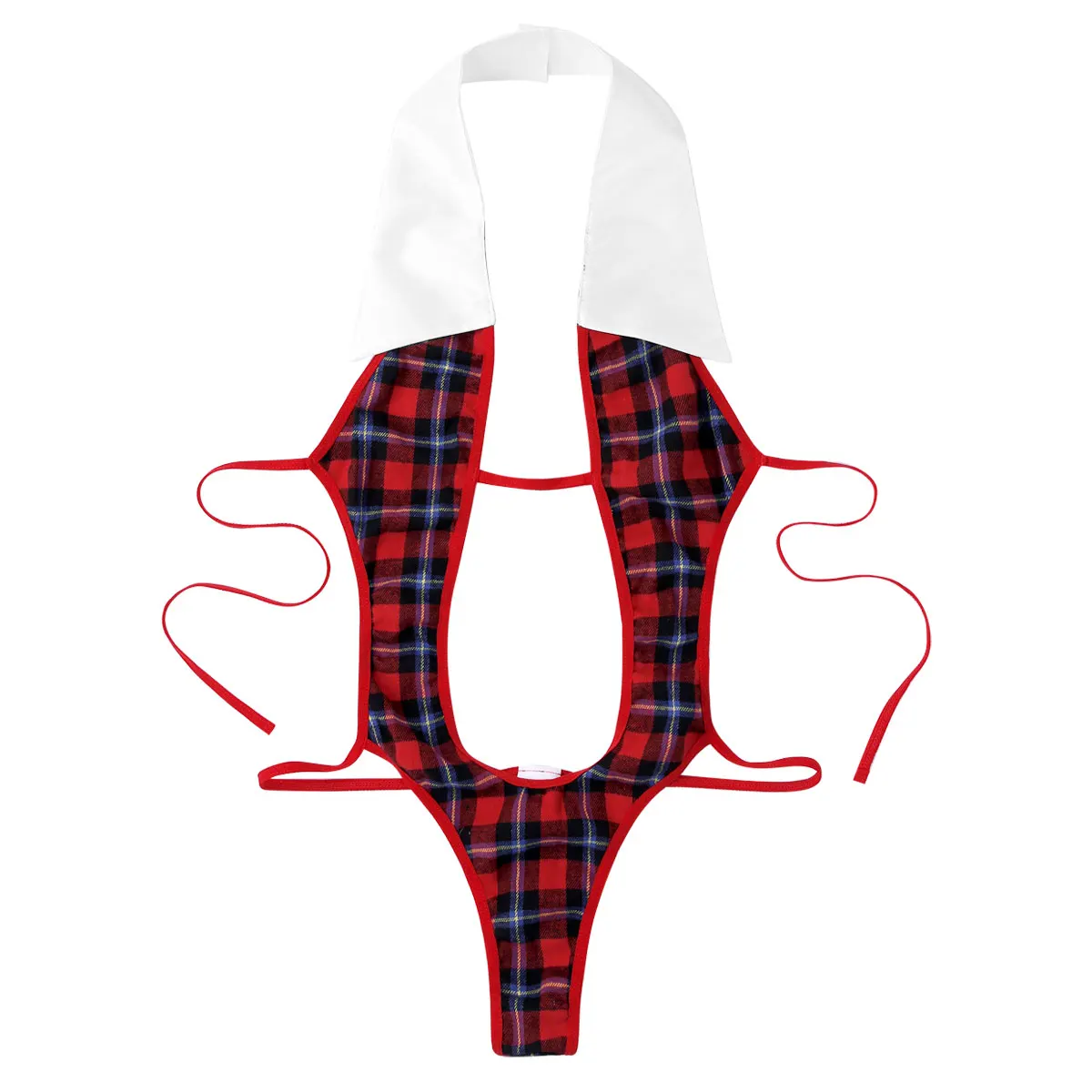 

Women Lingerie Schoolgirl Plaid Bodysuits Sexy Cosplay Role Play Halter Neck Lapel Collar Sleeveless Deep V Plunge Open Bodysuit