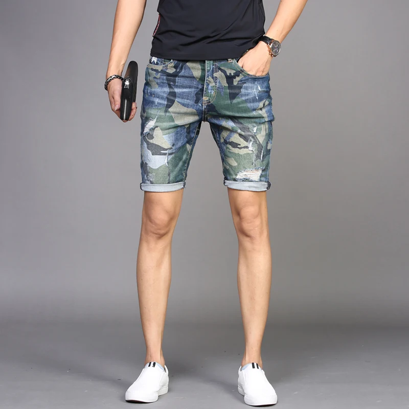 Men Ripped Denim Shorts Camouflage Jeans Summer Thin Stretch Straight Fit Pants Fashion Streetwear Knee Length Trousers