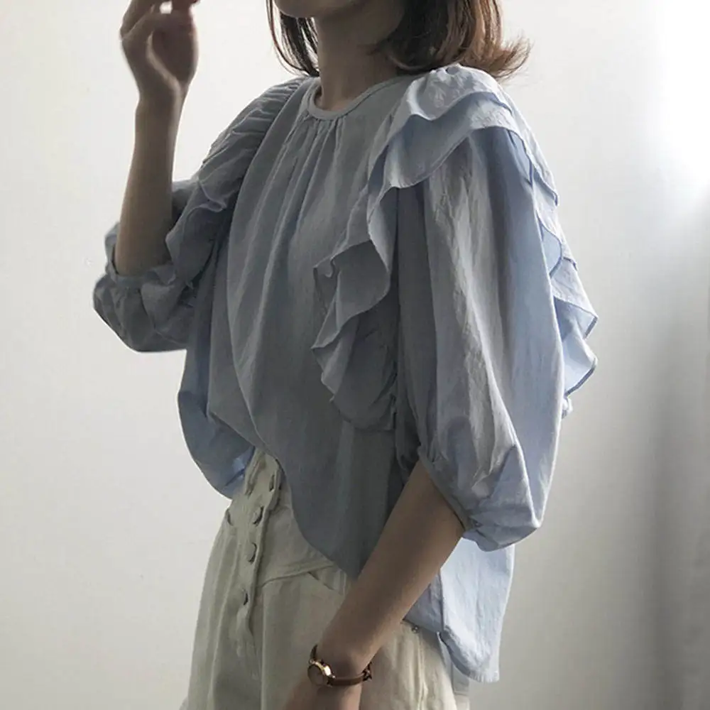 

Blouse Round Neck Gathered Frills Plain Ladies Fashion Simple Short Sleeve Korean Style Shirt New Style Women Solid Color