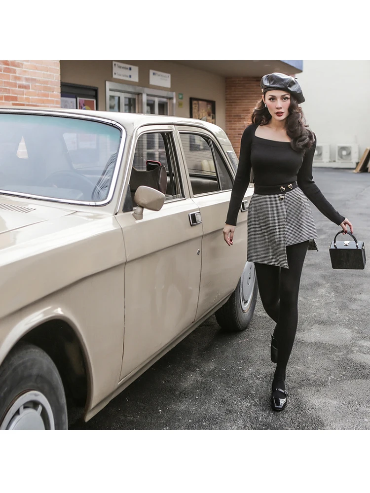 Женская винтажная юбка с высокой талией асимметричная шерстяная гусиные лапки