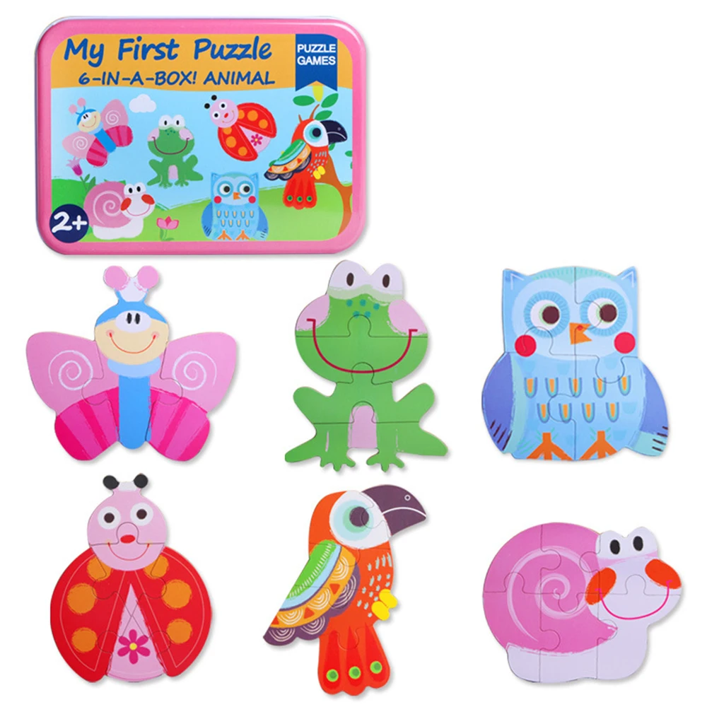 Big Size Flake Baby Wooden Puzzle Toy Early Education Cartoon Animal Fruit Cognition Card Jigsaw Set Metal Box For Children Gift | Игрушки и
