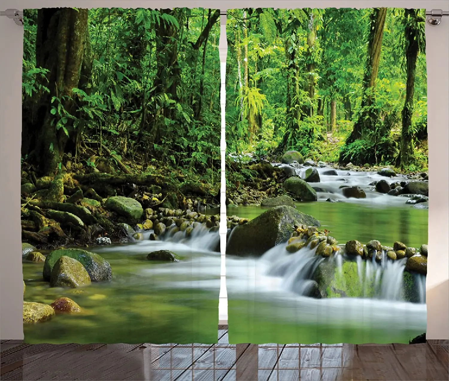 

Rainforest Decorations Window Curtains Mountain Stream in A Tropical Rain Forest Foliage Countryside Bedroom Decor Curtain