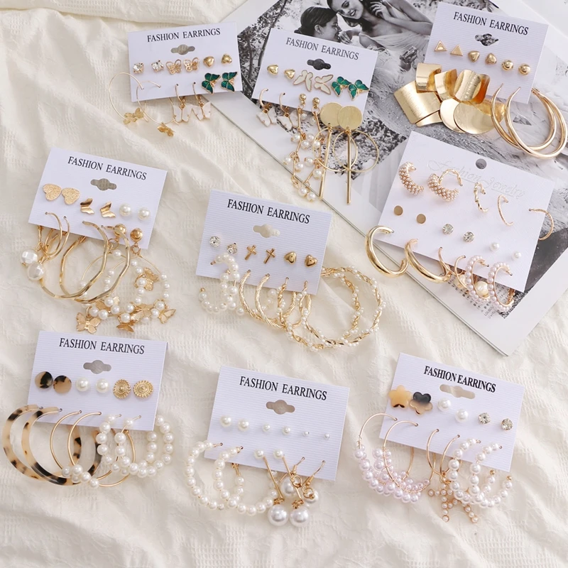 

New Fashion Women's Pearl Stud Earrings for Women Geometric Heart Metal Tassel Drop Earring 2021 Trend Set Female Jewelry Gifts