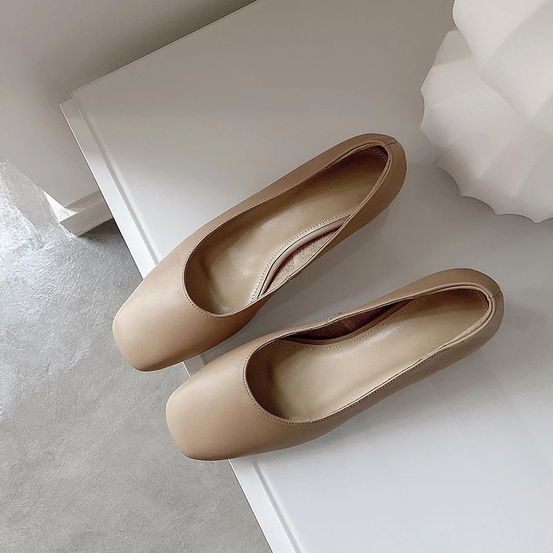 

Square High Heels Shoes Woman 2020 Summer Genuine Leather Square Toe Beige Heels Women's Shoes Office Ladies Female Pumps Shoes