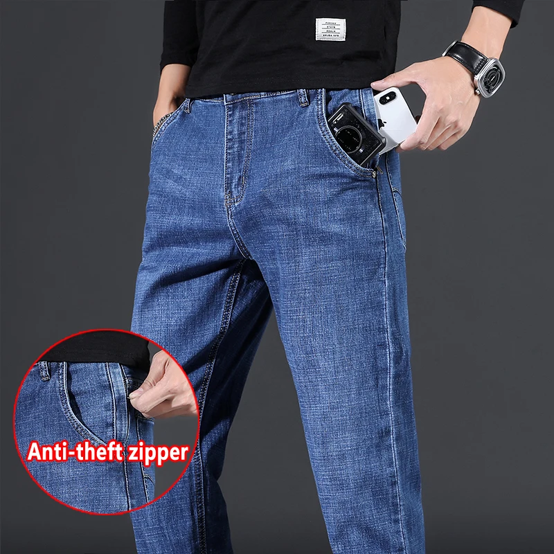 

Anti-theft Zipper Jeans Men Classic Style Smoky Gray Straight Stretch Comfortable Denim Trousers Male Brand Blue