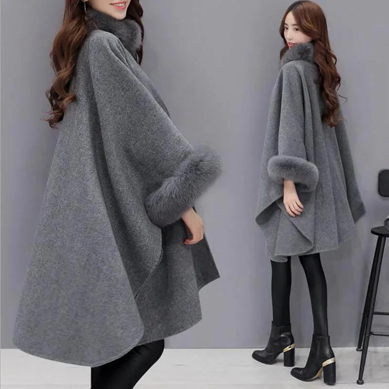 

Winter Ponchos And Capes Women's Wool Coat Fashion Christmas Fashion Long Woolen Coat Female Faux Fox Fur Collar Jackets Female