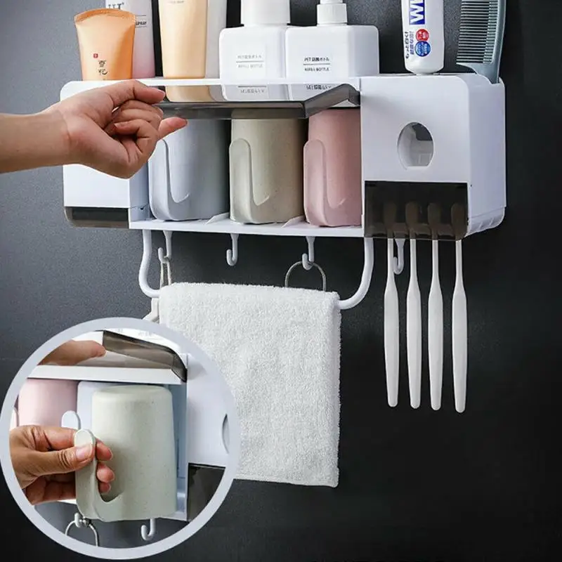 

Automatic Toothpaste Dispenser Wall Mount Dust-proof Toothbrush Holder Wall Mount Storage Rack Bathroom Accessories Set Squeezer