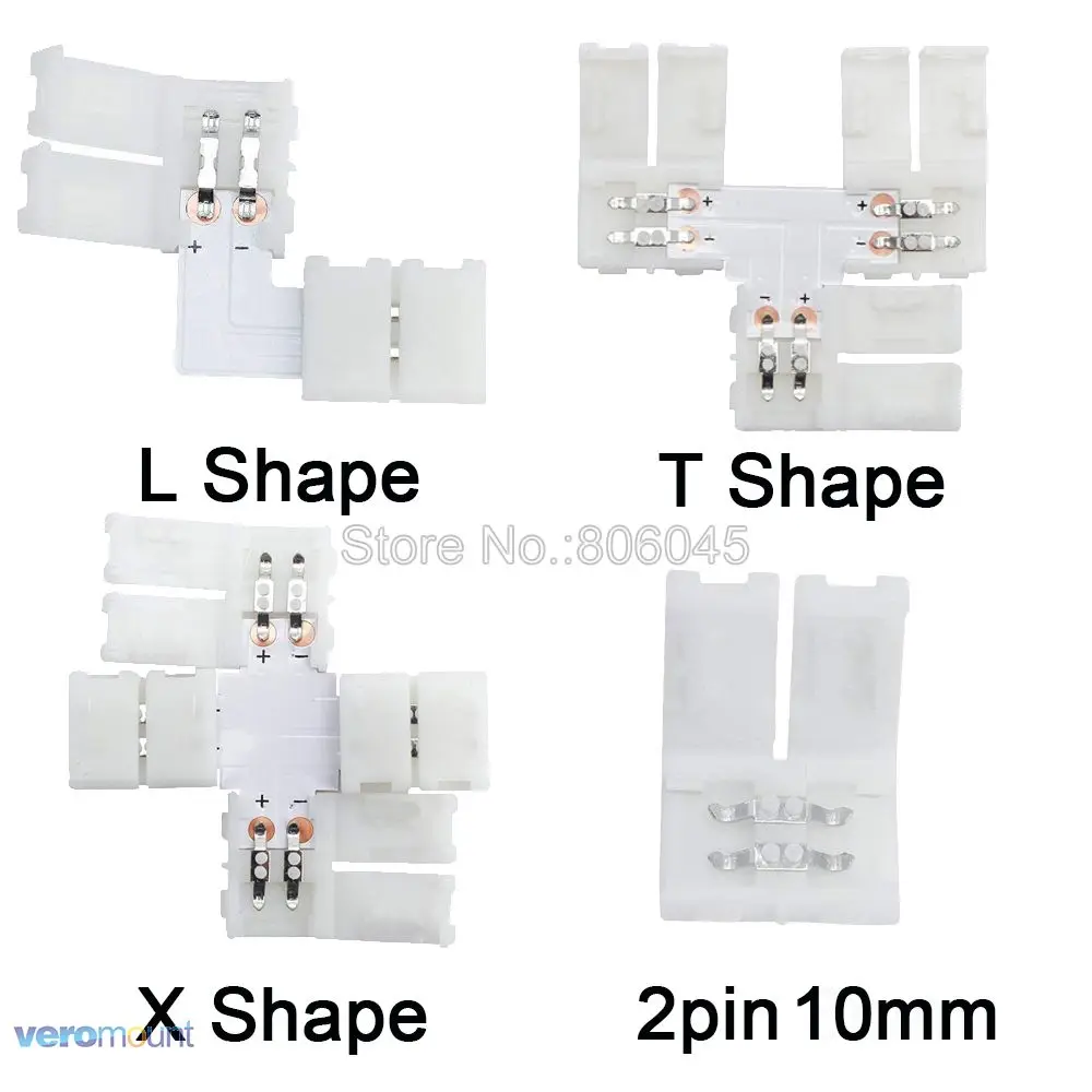 

5pcs/lot Free Soldering LED Connector 2pin 10mm L Shape / T Shape / X Shape Corner Connector for 10mm Single Color LED Strip