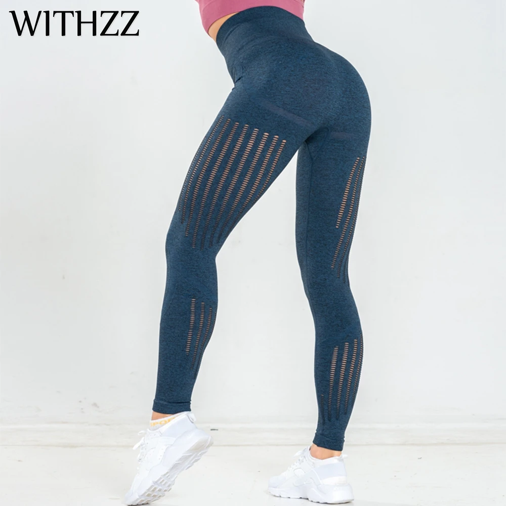 

WITHZZ тянущиеся бесшовные цельные быстросохнущие спортивные полые эластичные брюки для тренировок Женские повседневные леггинсы с высокой ...