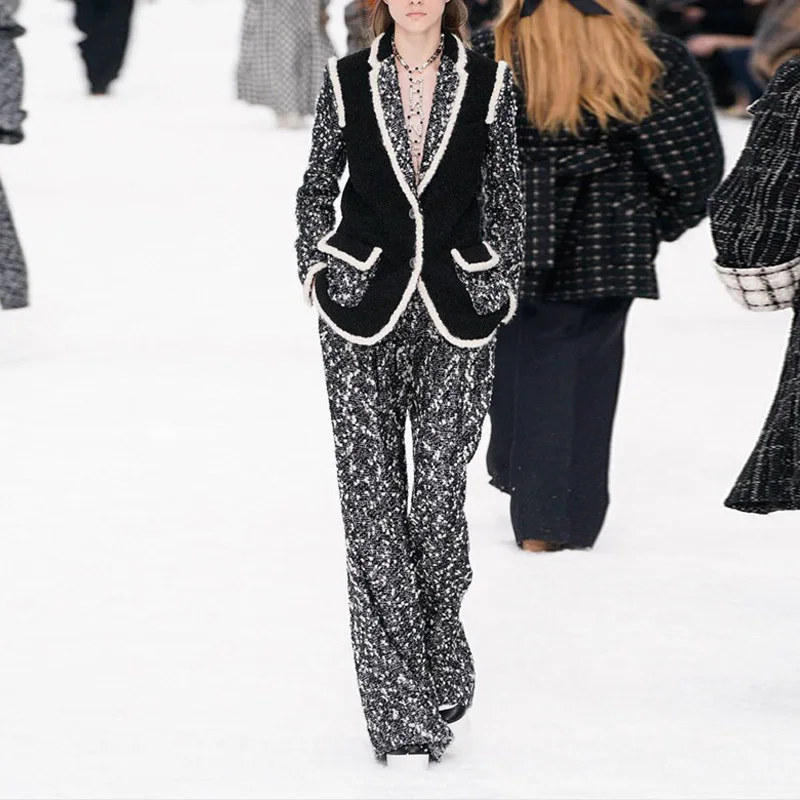 2019 autumn and winter new women's black white tweed color matching jacket + wide leg pants temperament suit | Женская одежда