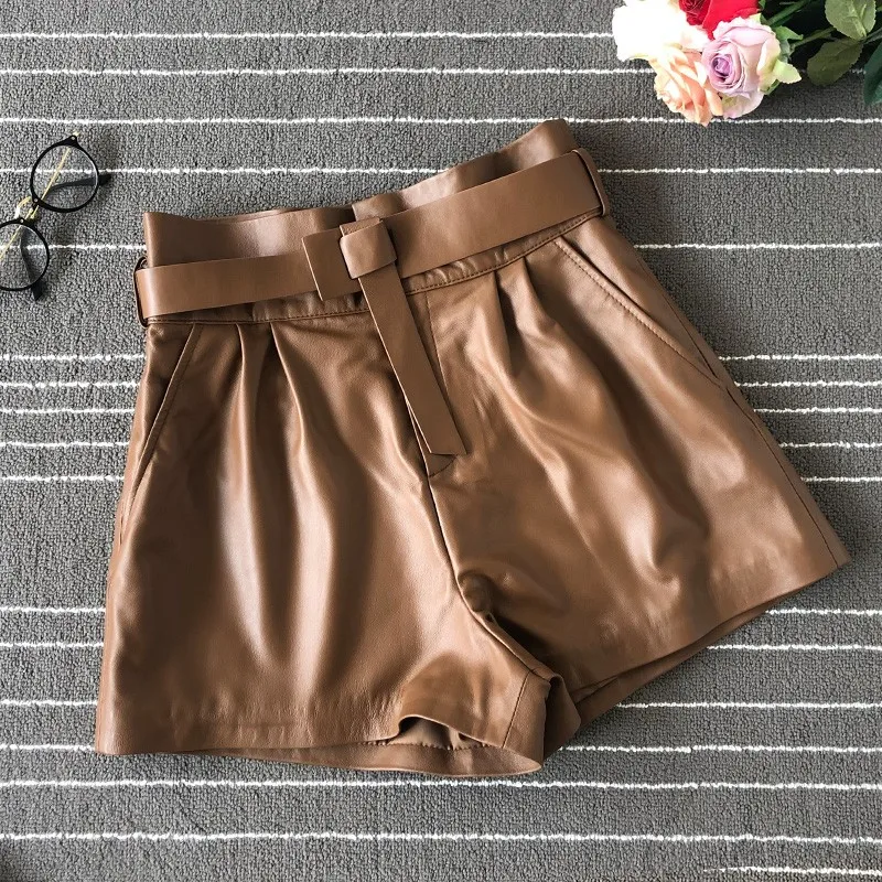 Autumn Sheepskin Short Women High Waist A-Line Real Leather Wide Legged Shorts Casual Fashion Designer Sashes Push Up Hotpants