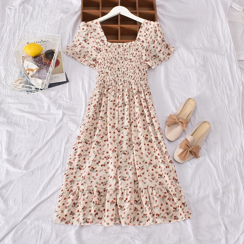 

Korean Style Ladies Vintage Floral Print Summer Dress Women Slim Casual Bohemian Beach Dress Vestidos Elegant Yellow Dress