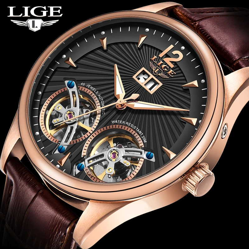 Часы Reloj LIGE с двойным турбийоном швейцарские мужские часы автоматические для