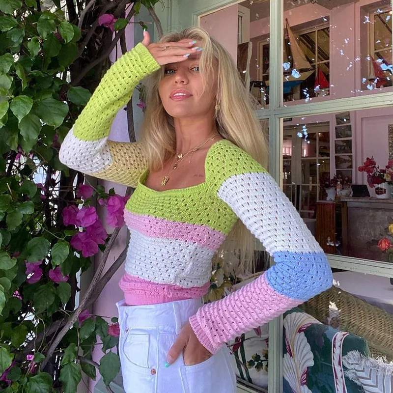 

Кроп-топ женский трикотажный с длинным рукавом, в стиле пэчворк