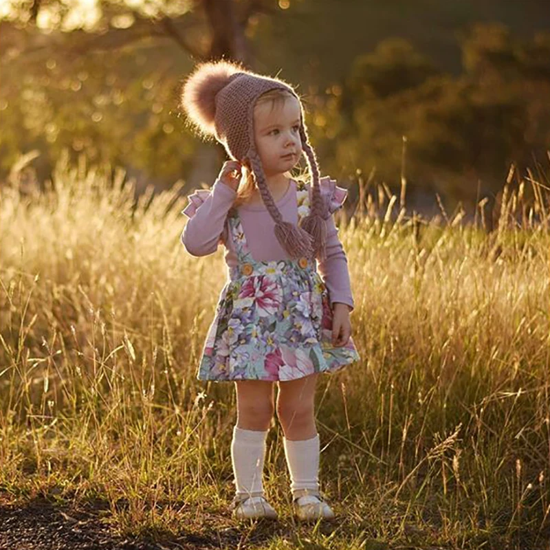 

New Autumn Baby Girl Skirts Set Long Flare Sleeve Cotton Blouse+Strap Floral Print Skirt Casual Outfits