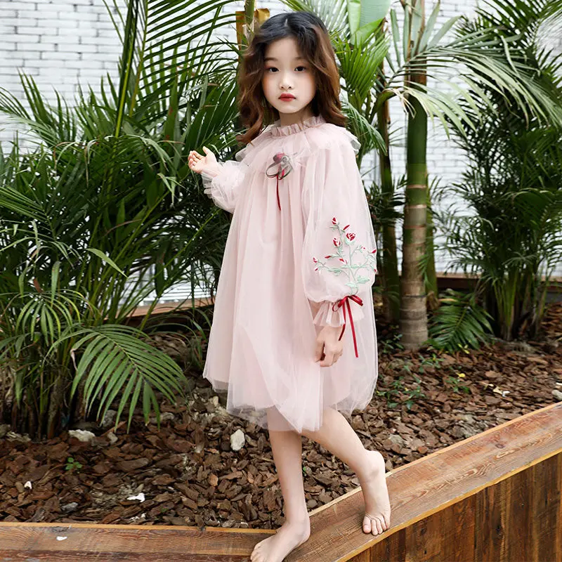 Dress Girl Princess Pink Mesh Hollow Out Embroidery Floral Lace Fashion Party Wedding 2019 New Midi Long Ball Gown | Детская одежда и