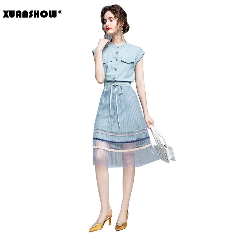 XUANSHOW 2020 модное летнее женское платье комплект из 2 предметов хлопковое джинсовое