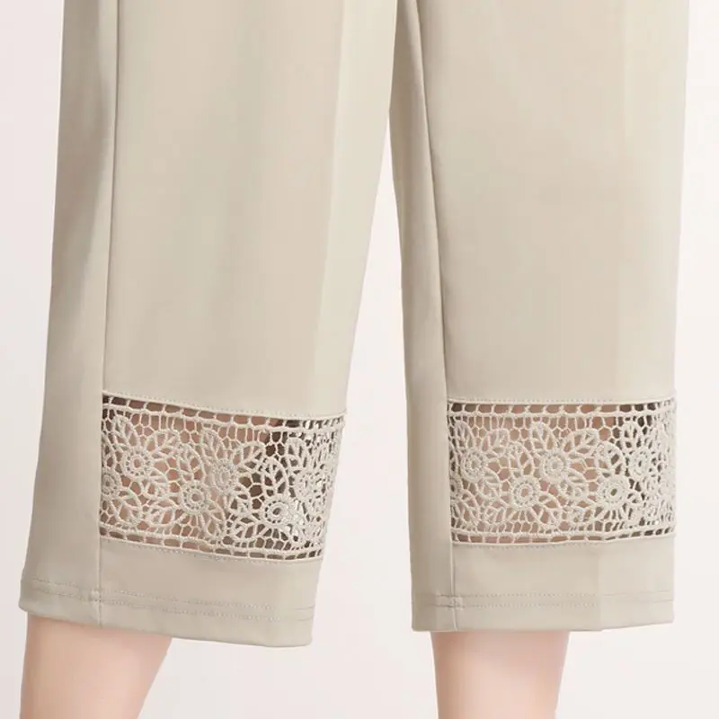 

Summer Women Thin Capri Pants New Elastic High Waist Straight Pants Hollow Out Loose Plus Size Middle-aged Female Casual Pants
