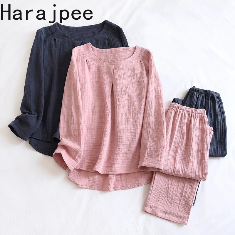 

Японская простая Пижама Harajpee, Хлопковая женская пижама с круглым вырезом, свободный газовый Тонкий Повседневный пуловер, домашняя одежда