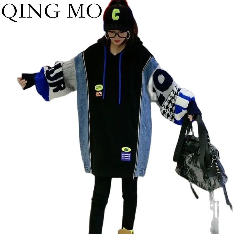 

QING MO 2022 Spring Winter New Hooded Sweatshirt Women Fashion Plus Size Stitching Knitted Sleeves Plus Velvet Hoodie ZWL1805