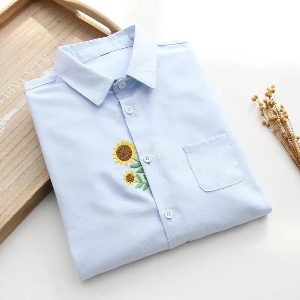Sunflower Blue Top Новое поступление, милая белая рубашка с вышивкой подсолнуха Повседневная блуза с длинными рукавами и карманами и воротником-стойкой Feminina Blusa T99412F - Цвет: Sunflower Blue Top