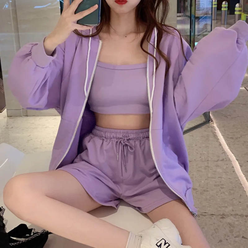 Женский спортивный костюм из 3 предметов повседневный на молнии с капюшоном