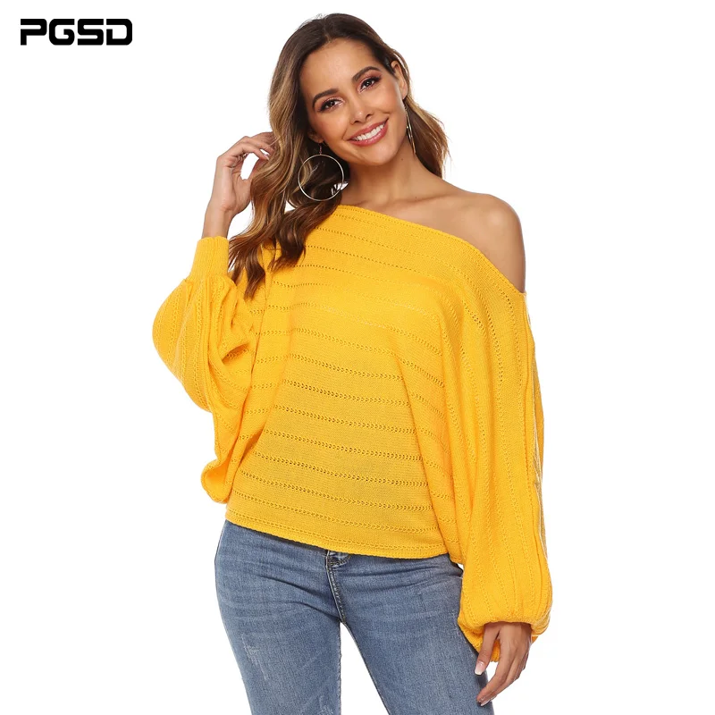 

PGSD Autumn winter Women clothes sexy boat neck strapless Bat bishop sleeve solid colour Loose Knitted sweater Pullover female