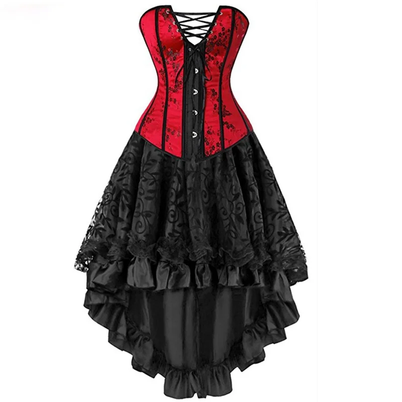 

New overbust burlesque corset and skirt set sexy corsets for women plus size costume tutu corselet red plus size