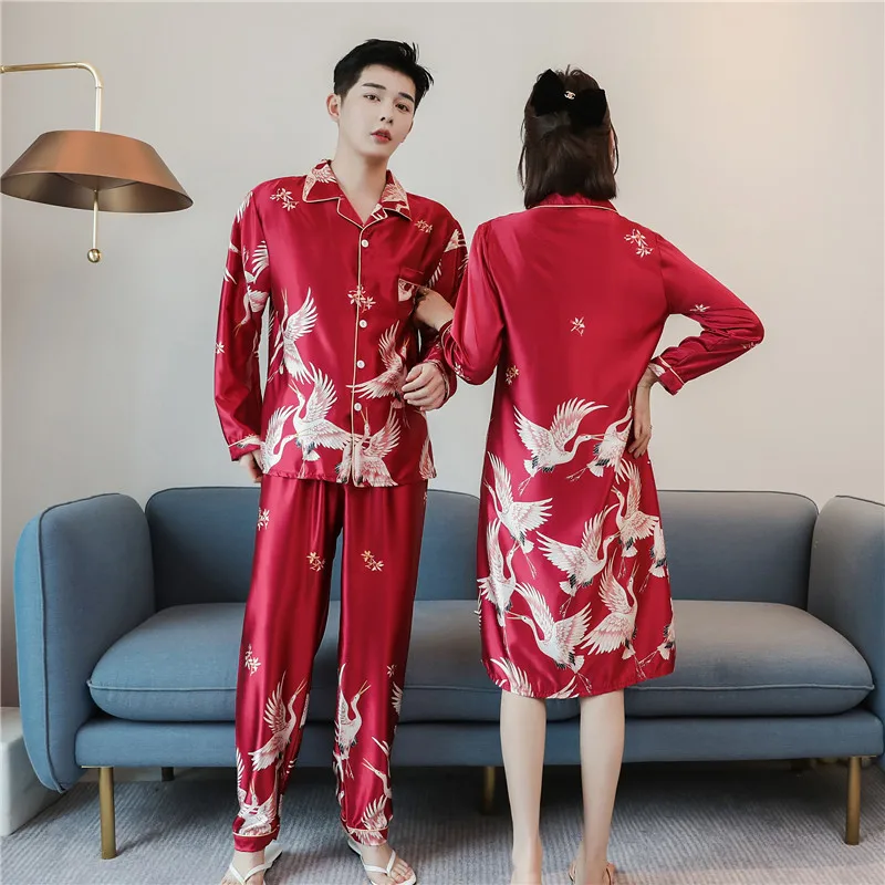 CAIYIER Large Size Winter Lovers Pajamas Set Silk Soft Couple Sleepwear Long Sleeve Men & Women Nightgown Home Clothing M-4XL