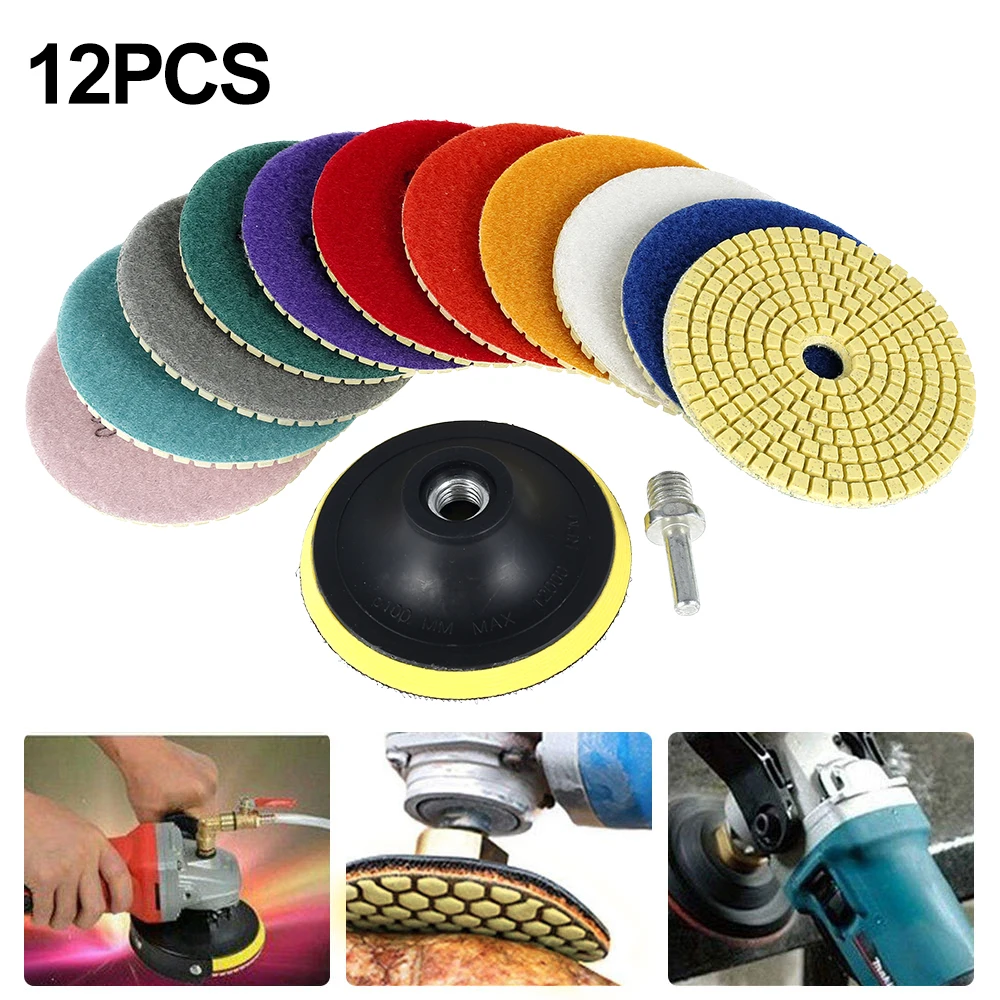 

12pcs Diamond Polishing Pads Kit 4 inch 100mm Wet/Dry for Granite Stone Concrete Marble Polishing Use Grinding Discs Set