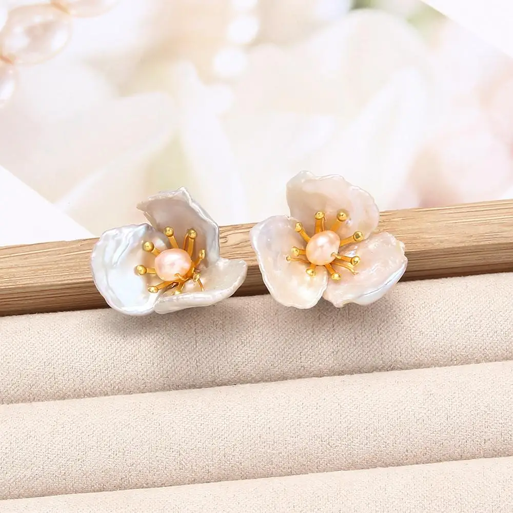 

Coeufuedy Real Baroque Freshwater Pearl Earrings For Women Party Stud Earrings Fine Jewelry Handmade Flower Pearls Earrings