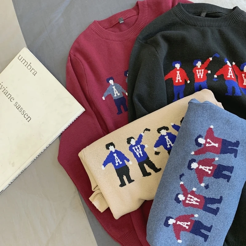 2019 Winter New Japanese Original Villain Knit Short Loose Cartoon Casual Round Neck Long Sleeve Thick Pullover Sweater J635 | Мужская