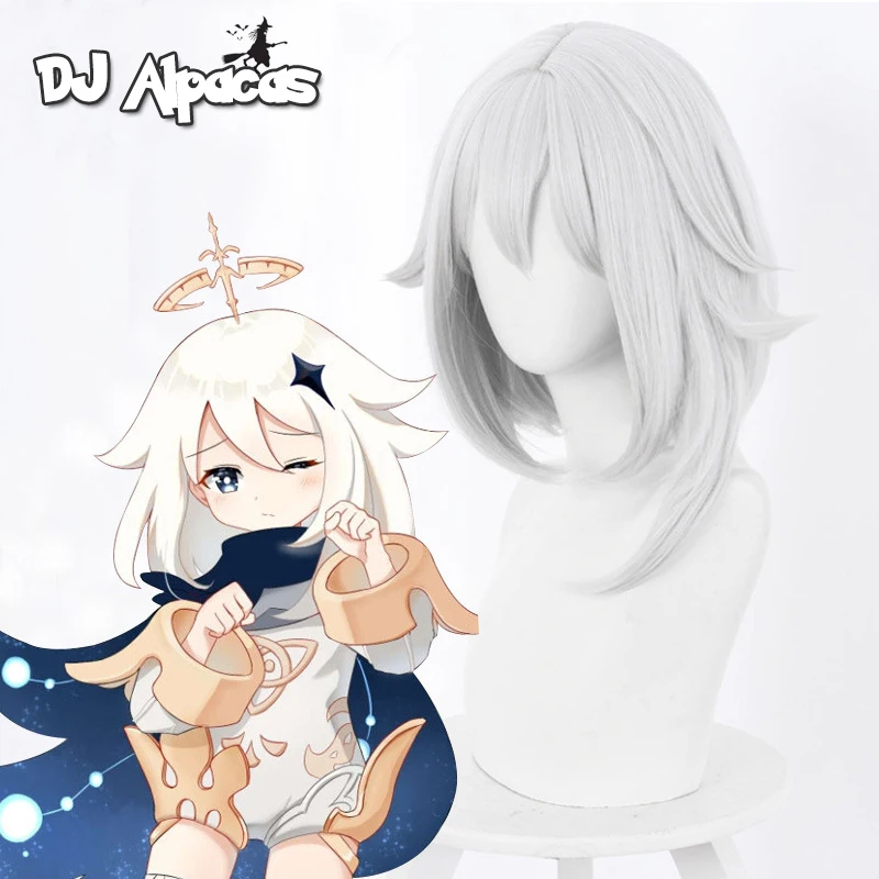 

Genshin Impact Game Paimon Silver Gray Large Inner Buckle Cosplay Wig Anime Heat Resistant Synthetic Wig Free Wig Cap