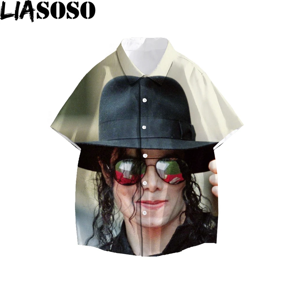 

LIASOSO Michael Jackson Singer 3D Print Men Women Shirt Summer Beach Loose Buttons Top Oversized Street Comfortable Casual Retro
