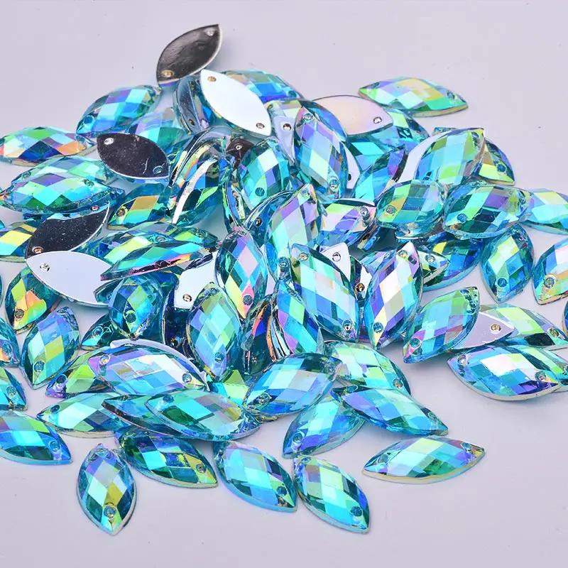 Aquamarine AB JUNAO 7*15 мм швейная аппликация Золотая со стразами с плоской задней частью золотые акриловые драгоценные камни кристаллическое Украшение «конский глаз» камень пришить стразы для одежды - Цвет: Aquamarine AB