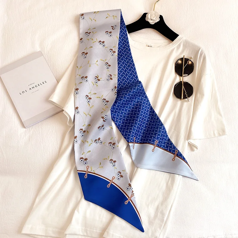 Long Skinny Silk Neck Scarf Women Hair Band Floral Print Handle Bag Tie Neckerchief Foulard Female Ribbon Scarves 2021 New |
