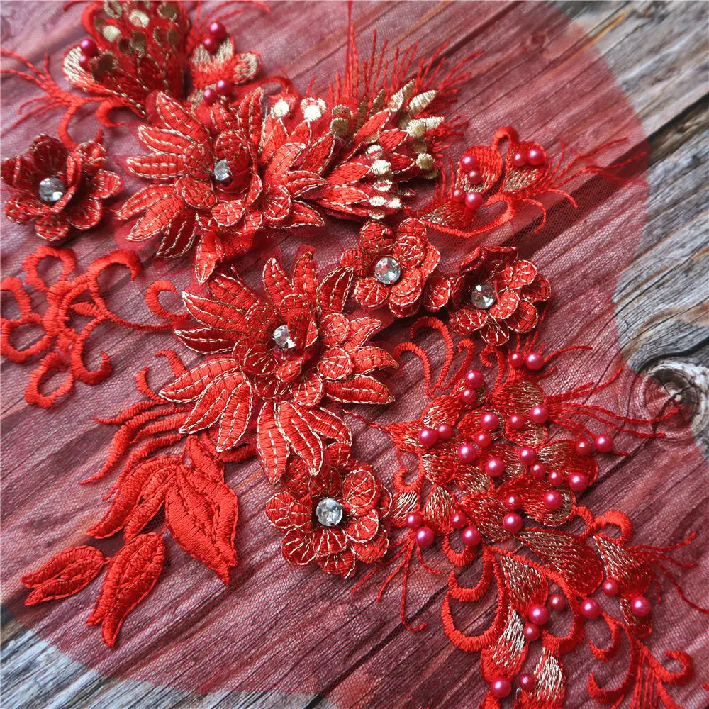 Кружевные тканевые бусины с красными цветами вышитая аппликация для платья