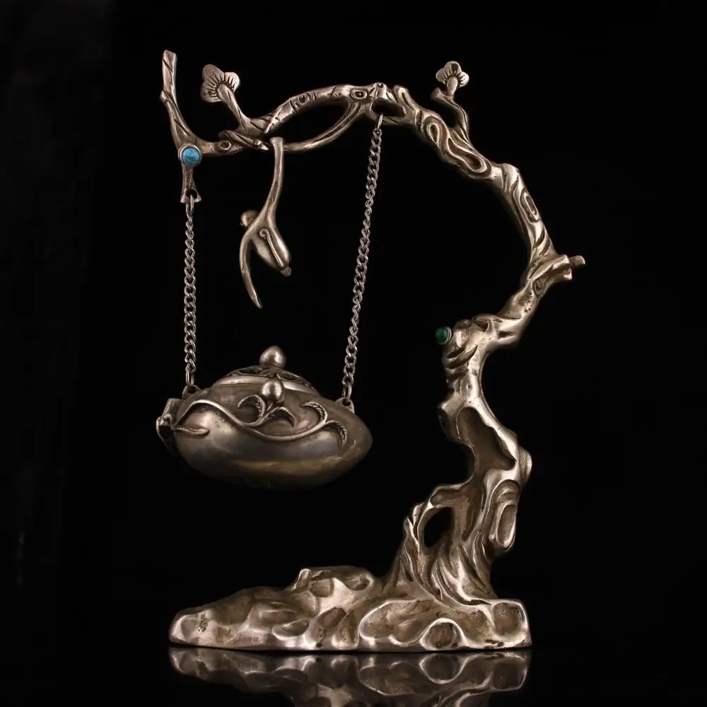 

wedding China Collected Pure Copper Pure Handcrafted Inlaid Gemstone Gilt Silver Branch Hanging Incense Burner Incense