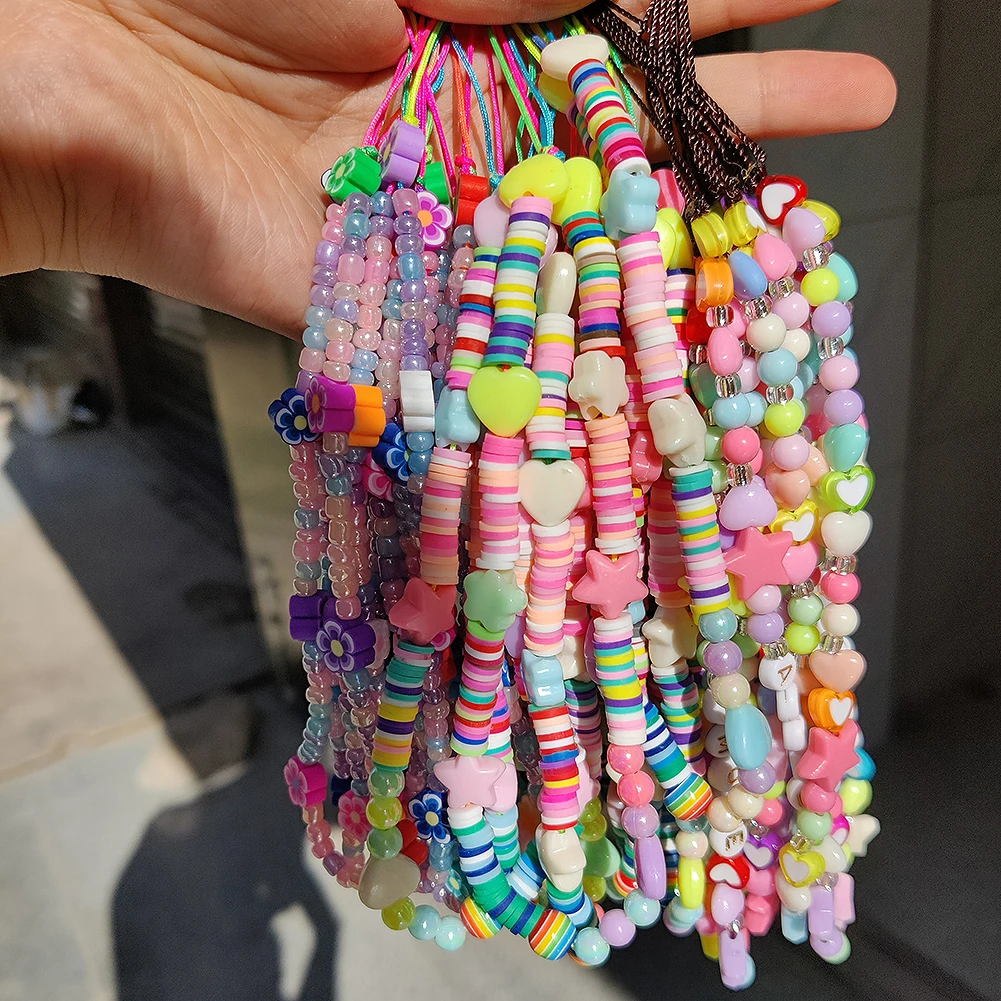 

Colorful Soft Clay Mobile Phone Chain Pearl Lanyards Women Bohemia Acrylic Smiley Butterfly Flowers Rope Anti-lost Hanging Cord