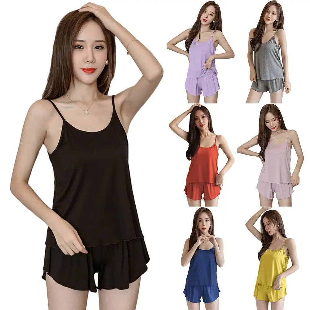 

Solid Color Women Silk Spaghetti Strap Camisole Top Shorts Set Sleepwear Pajama Sexy sleepwear Set Velvet Sleepwear Women's Set