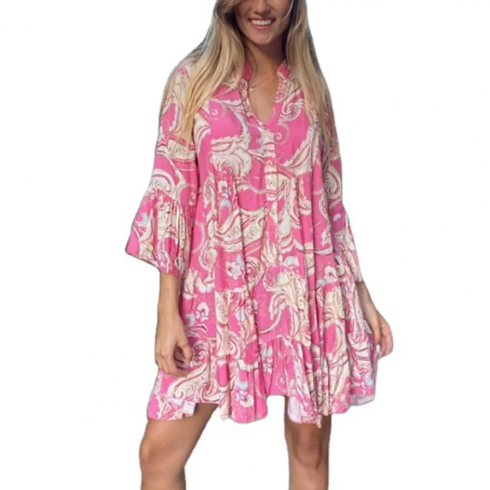 

Summer Dress Women Vintage Flared Sleeve Nationality Printing Ruffle Loose Dress Beach Party Streetwear 2021 Vestidos XXL