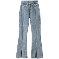 womens flared pants big pocket split plus size jeans 4xl 5xl double button spring fashion casual high quality light blue pants