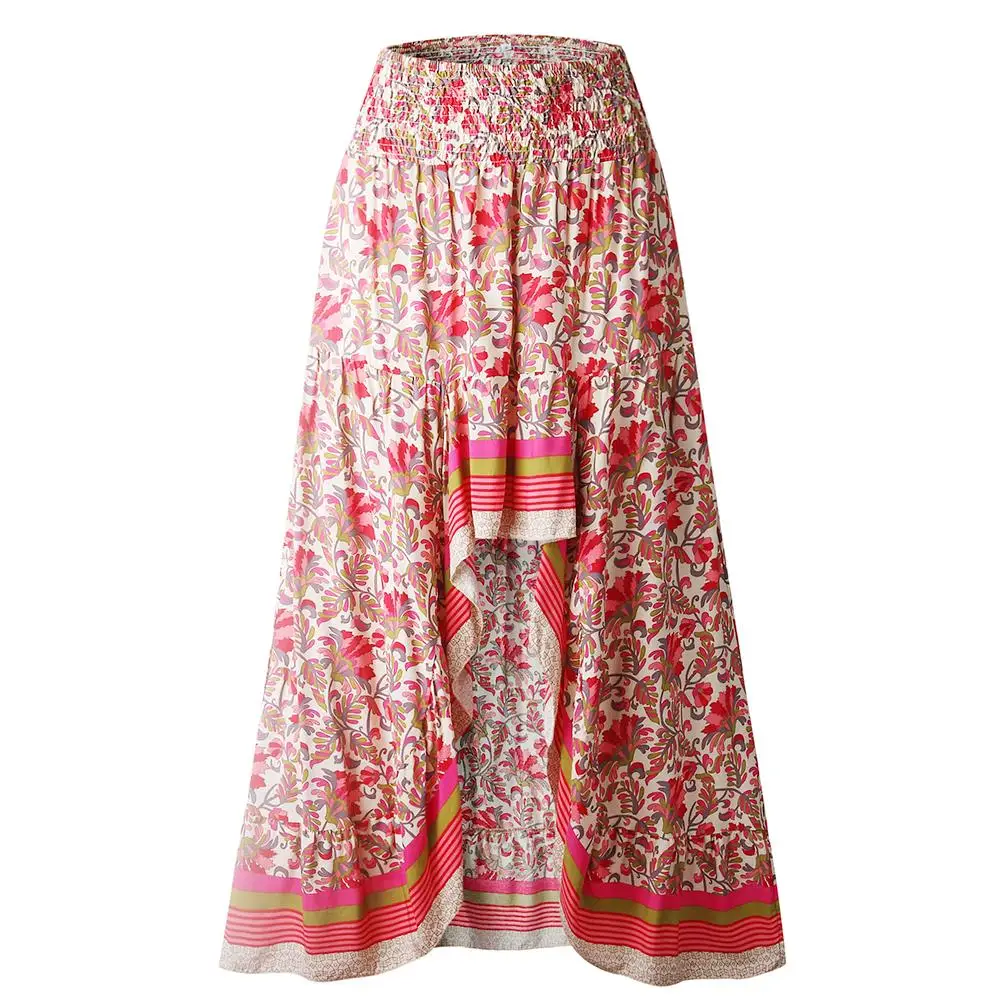 

Women Skirt 2020 Stylish Elastic High Waist Ethnic Floral Print High Low Hem Long Skirt Women's Clothing